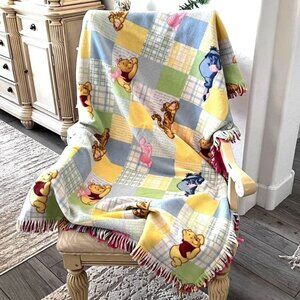 Disney Throw Blanket Winnie The Pooh Fringed 39" X 60" Pink Plaid Fleece